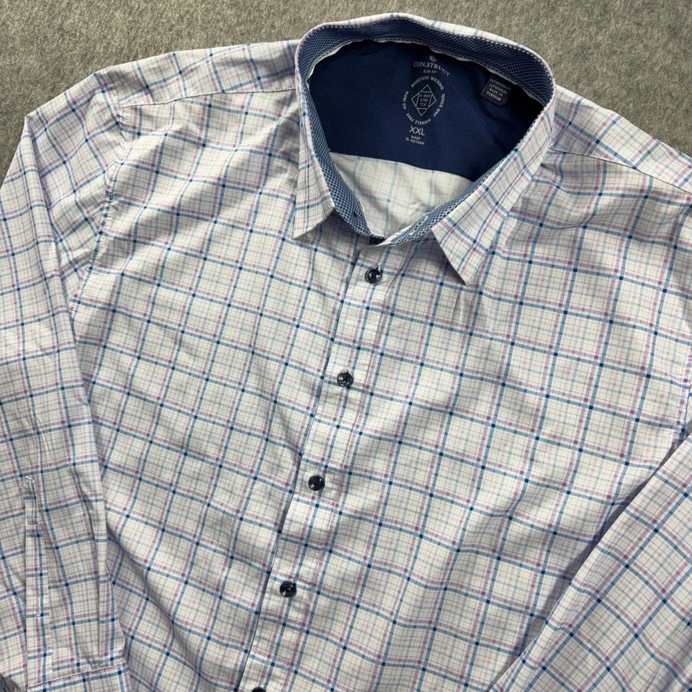 Con.Struct Mens Button Down Shirt XXL Slim Fit Plaid  Performance Stretch Blue
